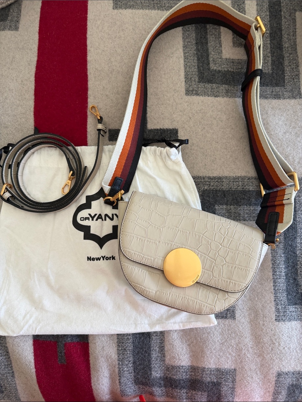 orYANY Cream Croc-Embossed Crossbody with Striped Strap & Gold Accent